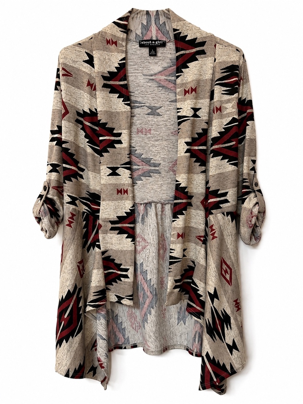 About A Girl Beige Aztec-Print Open Cardigan with Red and Black Accents